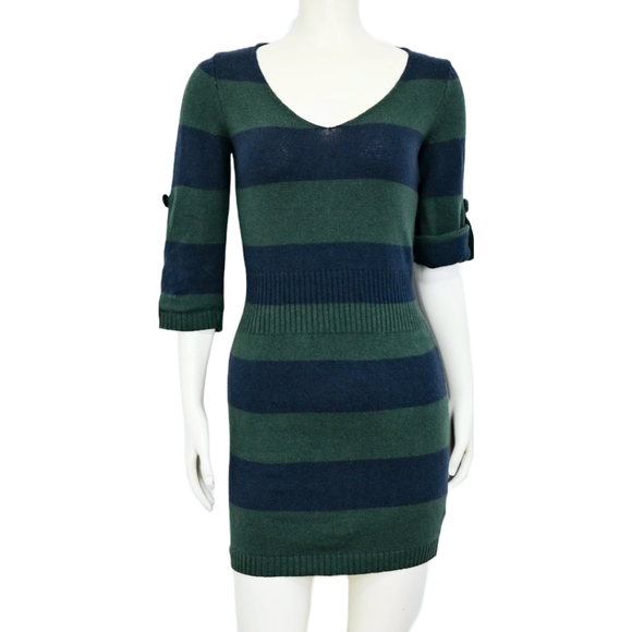 Y2K Rugby Striped Sweater Dress Tunic Bodycon Blue and Green Preppy Vintage - Picture 2 of 3